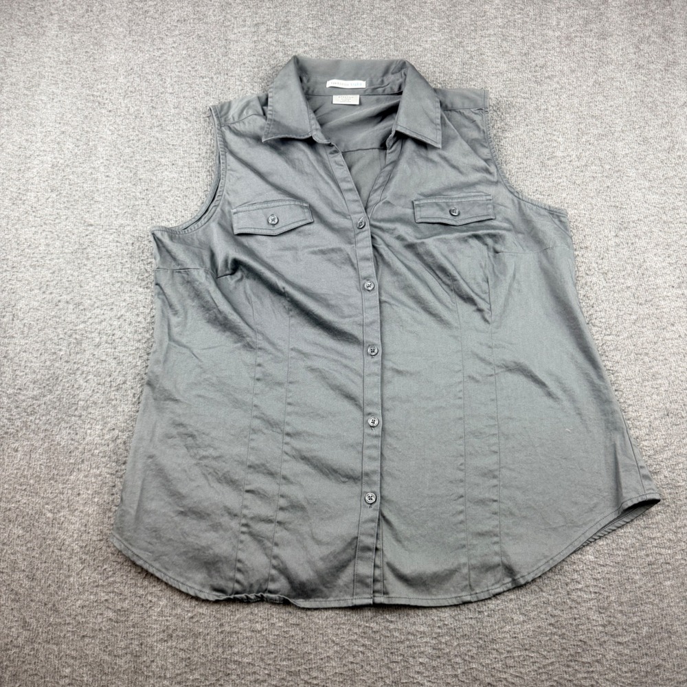 Van‎ Heusen Studio Gray Sleeveless Button Down Blouse Women's XL Stretch